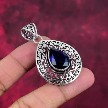 Подвеска с синим сапфиром, подвеска из драгоценного камня ручной работы, подвеска из стерлингового серебра 925 пробы, антикварные ювелирные изделия, для подарка на помолвку 2.24 Inches синий