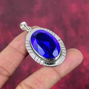 Подвеска с синим сапфиром, подвеска из драгоценного камня ручной работы, подвеска из стерлингового серебра 925 пробы, антикварные ювелирные изделия, для подарка на помолвку 2 Inches синий