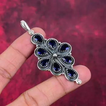 Подвеска с синим сапфиром, подвеска из драгоценного камня ручной работы, подвеска из стерлингового серебра 925 пробы, антикварные ювелирные изделия, для подарка на помолвку 3.03 Inches синий