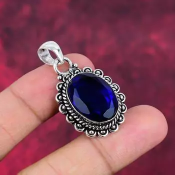 Подвеска с синим сапфиром, подвеска из драгоценного камня ручной работы, подвеска из стерлингового серебра 925 пробы, антикварные ювелирные изделия, для подарка на помолвку 1.65 Inches синий