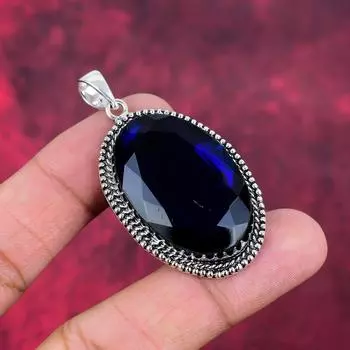 Подвеска с синим сапфиром, подвеска из драгоценного камня ручной работы, подвеска из стерлингового серебра 925 пробы, антикварные ювелирные изделия, для подарка на помолвку 2.28 Inches синий
