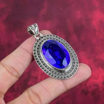 Подвеска с синим сапфиром, подвеска из драгоценного камня ручной работы, подвеска из стерлингового серебра 925 пробы, антикварные ювелирные изделия, для подарка на помолвку 2.36 Inches синий