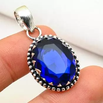 Подвеска с синим сапфиром, подвеска из драгоценного камня ручной работы, подвеска из стерлингового серебра 925 пробы, антикварные ювелирные изделия, для подарка на помолвку 1.45 Inches синий
