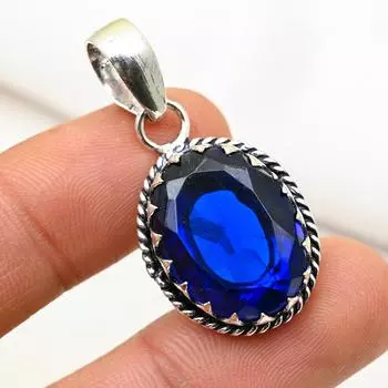 Подвеска с синим сапфиром, подвеска из драгоценного камня ручной работы, подвеска из стерлингового серебра 925 пробы, антикварные ювелирные изделия, для подарка на помолвку 1.45 Inches синий