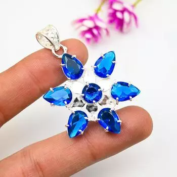 Подвеска с синим сапфиром, подвеска из драгоценного камня ручной работы, подвеска из стерлингового серебра 925 пробы, антикварные ювелирные изделия, для подарка на помолвку 1.96 Inches синий