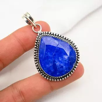 Подвеска с синим сапфиром, подвеска из драгоценного камня ручной работы, подвеска из стерлингового серебра 925 пробы, антикварные ювелирные изделия, для подарка на помолвку 2.16 Inches синий