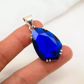 Подвеска с синим сапфиром, подвеска из драгоценного камня ручной работы, подвеска из стерлингового серебра 925 пробы, антикварные ювелирные изделия, для подарка на помолвку 1.46 Inches синий