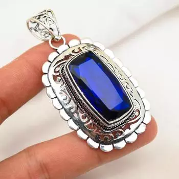 Подвеска с синим сапфиром, подвеска из драгоценного камня ручной работы, подвеска из стерлингового серебра 925 пробы, антикварные ювелирные изделия, для подарка на помолвку 2.47 Inches синий