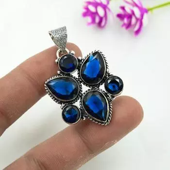 Подвеска с синим сапфиром, подвеска из драгоценного камня ручной работы, подвеска из стерлингового серебра 925 пробы, антикварные ювелирные изделия, для подарка на помолвку 1.92 Inches синий