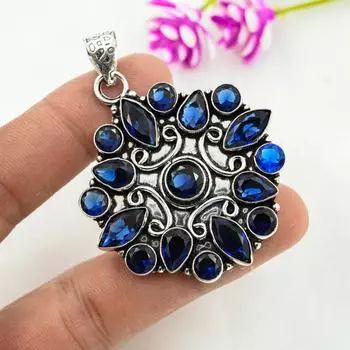Подвеска с синим сапфиром, подвеска из драгоценного камня ручной работы, подвеска из стерлингового серебра 925 пробы, антикварные ювелирные изделия, для подарка на помолвку 2.55 Inches синий