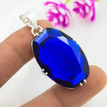 Подвеска с синим сапфиром, подвеска из драгоценного камня ручной работы, подвеска из стерлингового серебра 925 пробы, антикварные ювелирные изделия, для подарка на помолвку 1.88 Inches синий