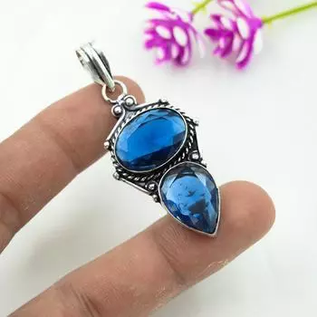 Подвеска с синим сапфиром, подвеска из драгоценного камня ручной работы, подвеска из стерлингового серебра 925 пробы, антикварные ювелирные изделия, для подарка на помолвку 2.16 Inches синий