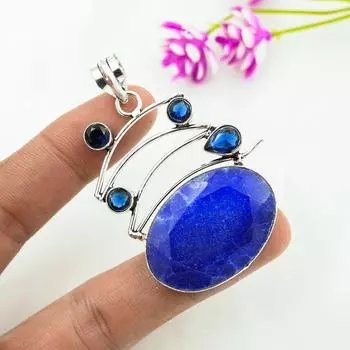 Подвеска с синим сапфиром, подвеска из драгоценного камня ручной работы, подвеска из стерлингового серебра 925 пробы, антикварные ювелирные изделия, для подарка на помолвку 2.48 Inches синий