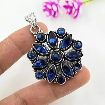 Подвеска с синим сапфиром, подвеска из драгоценного камня ручной работы, подвеска из стерлингового серебра 925 пробы, антикварные ювелирные изделия, для подарка на помолвку 2.16 Inches синий