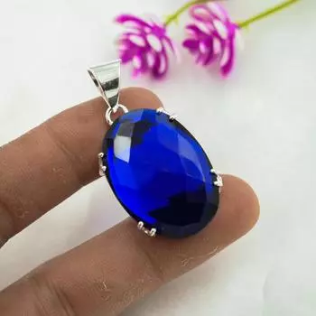 Подвеска с синим сапфиром, подвеска из драгоценного камня ручной работы, подвеска из стерлингового серебра 925 пробы, антикварные ювелирные изделия, для подарка на помолвку 1.73 Inches синий