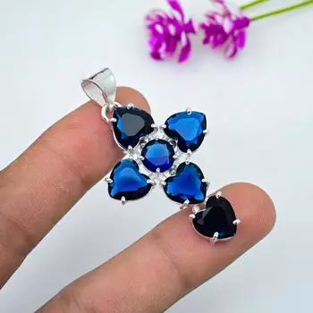 Подвеска с синим сапфиром, подвеска из драгоценного камня ручной работы, подвеска из стерлингового серебра 925 пробы, антикварные ювелирные изделия, для подарка на помолвку 2 Inches синий