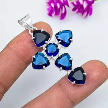 Подвеска с синим сапфиром, подвеска из драгоценного камня ручной работы, подвеска из стерлингового серебра 925 пробы, антикварные ювелирные изделия, для подарка на помолвку 2 Inches синий