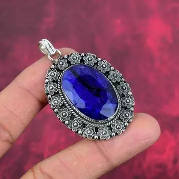 Подвеска с синим сапфиром, подвеска из драгоценного камня ручной работы, подвеска из стерлингового серебра 925 пробы, антикварные ювелирные изделия, для подарка на помолвку 2.20 Inches синий