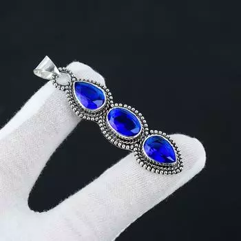 Подвеска с синим сапфиром, Подвеска с драгоценным камнем из стерлингового серебра 925 пробы, Драгоценный камень с синим сапфиром, Подарки ручной работы, Ювелирные изделия ручной работы для подарков для нее 2.55 синий