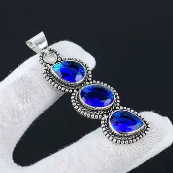 Подвеска с синим сапфиром, Подвеска с драгоценным камнем из стерлингового серебра 925 пробы, Драгоценный камень с синим сапфиром, Подарки ручной работы, Ювелирные изделия ручной работы для подарков для нее 2.55 синий