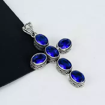 Подвеска с синим сапфиром, серебро 925 пробы - дизайн креста ручной работы, повседневные украшения, уникальные подарки с подвеской с синим сапфиром 2.95 синий