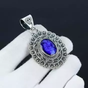 Подвеска с синим сапфиром, ювелирное изделие ручной работы, ожерелье из стерлингового серебра 925 пробы, подвеска с синим сапфиром, подарок для него на Новый год 1.96 синий