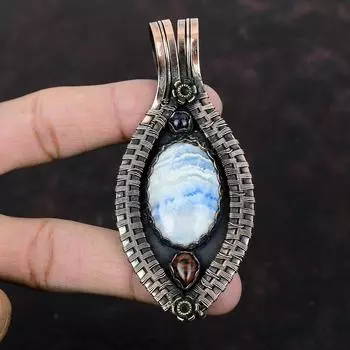 Подвеска с синим шеелитом, подвеска из медной проволоки, подвеска из настоящего драгоценного камня, подвеска из красного дерева, обсидиана и синего солнечного камня, ювелирные изделия ручной работы из меди