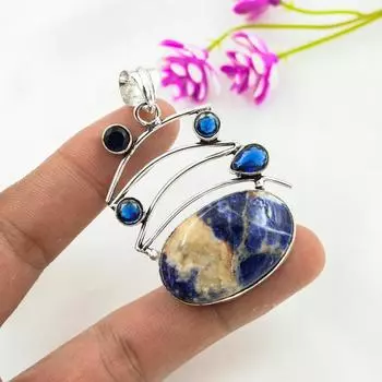 Подвеска с содалитом, синим сапфиром, подвеска из драгоценного камня ручной работы, подвеска из цельного серебра 925 пробы, старинные ювелирные изделия, для подарка на помолвку 2.48 Inches синий
