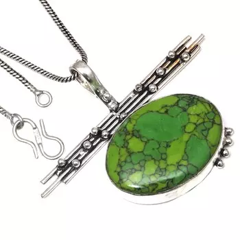 Подвеска с зеленым бирюзовым драгоценным камнем, подарок ручной работы для нее, серебряное украшение 1,75 дюйма