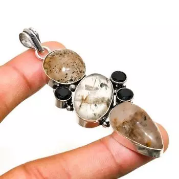 Подвеска с золотым рутилом и черной шпинелью 925 пробы, посеребренная, 2,84 дюйма 2.84 золотистый