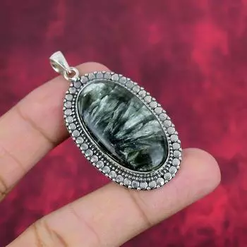Подвеска серафинит, 925 пробы серебряный кулон, ювелирные изделия ручной работы с драгоценными камнями, подарки для жены, абсолютно новый кулон 2.24 Inches зелёный