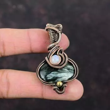 Подвеска серафинит, подвеска из медной проволоки, оригинальное ювелирное изделие из драгоценных камней, подвеска из радужного лунного камня, медное ювелирное изделие ручной работы, подарок на годовщину