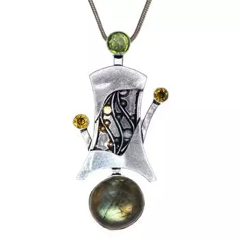 Подвеска Серебряный Перидот Лабрадорит Драгоценный Камень Ювелирные Изделия Стерлингового Серебра 2.5 Огненный