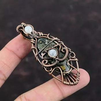 Подвеска «Сглаз» из океанской яшмы Радуга Подвеска из лунного камня Медная проволока Подвеска из медной проволоки Ручная работа Медные украшения Подвеска из драгоценного камня Подарок для матери