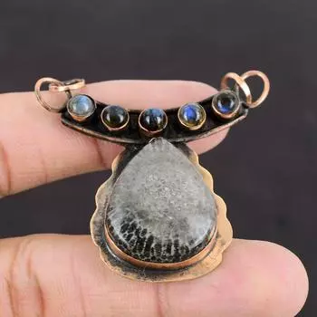 Подвеска со скатом и кораллом Подвеска из лабрадорита Медная подвеска Ювелирные изделия из ската с кораллом Подвеска из натурального драгоценного камня Медные украшения ручной работы для подарка