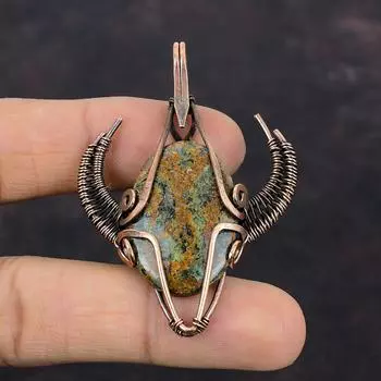 Подвеска со спессартиновым гранатом в известняке, медная проволока, обернутая подвеской с драгоценным камнем, проволочная обмотка, подвеска в форме лица быка, ювелирные изделия из медной проволоки ручной работы