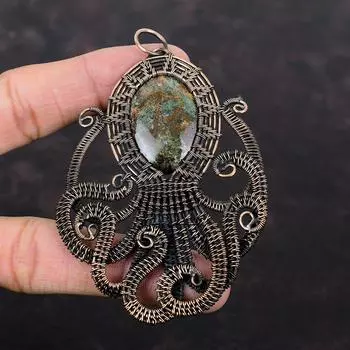 Подвеска со спессартиновым гранатом в известняке, медная проволока, кулон с драгоценным камнем, кулон в виде осьминога, подарок для женщин, медные украшения, кулон ручной работы