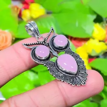 Подвеска «Сова» из серебра 925 пробы с розовым халцедоном, ручная работа, 1,97 дюйма, S0H48