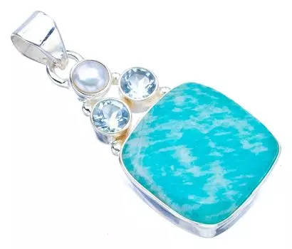 Подвеска StarGems® из натурального амазонита, голубого топаза и речного жемчуга, стерлингового серебра 925 пробы ручной работы, 1,5 дюйма, F3961