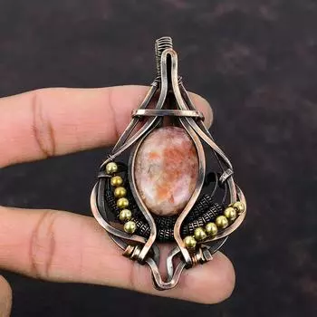 Подвеска Sunstone, обернутая медной проволокой, подвеска из драгоценных камней Sunstone, ювелирные изделия, изящная подвеска, подвеска ручной работы, обернутая медной проволокой, ювелирные изделия, подарок для него