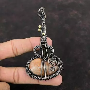Подвеска Sunstone, подвеска из медной проволоки, подвеска в виде гитары, ювелирное изделие в виде проволоки, подарок для нее, дизайнерские украшения из меди, подвеска из драгоценного камня ручной работы