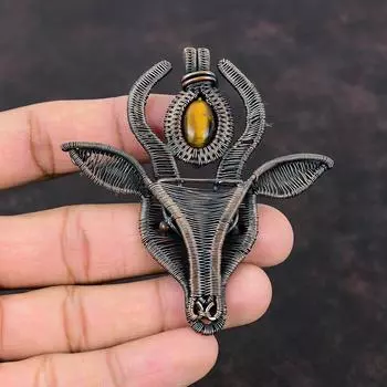 Подвеска «Тигровый глаз», подвеска из медной проволоки, подвеска в виде коровьей морды, ювелирные изделия из драгоценных камней, изумительная подвеска ручной работы из медной проволоки, подарок для него