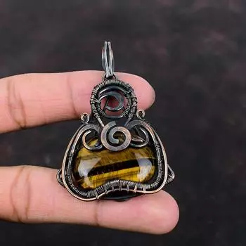 Подвеска «Тигровый глаз», подвеска из медной проволоки, подвеска с драгоценным камнем, уникальный дизайн медных украшений, подвеска ручной работы, подвеска из проволоки для подарка