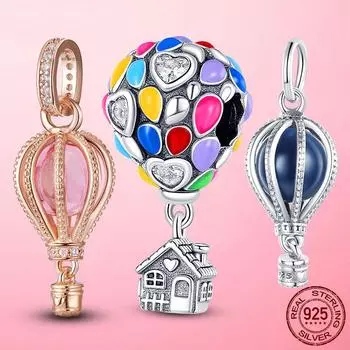 Подвеска Travel Beads из стерлингового серебра 925 пробы с фианитами, синяя, розовая, в виде воздушного шара, подходит для оригинального модного браслета, ювелирные украшения