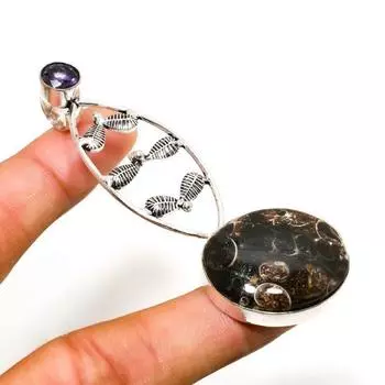 Подвеска Turritella Fossil, драгоценный камень аметист 925, посеребренная, 2,84 дюйма 2.84 коричневый