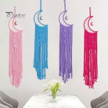 Подвеска в скандинавском стиле «Ловец снов» с луной, настенный декор, длинная висячая кисточка, украшение для комнаты для девочек-подростков синий