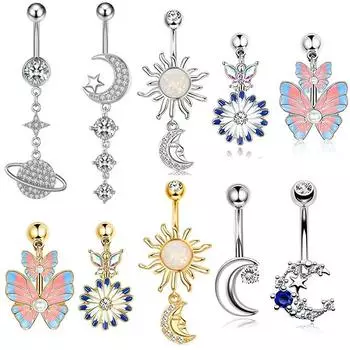 Подвеска в виде цветка бабочки, кольцо для пупка из нержавеющей стали, звезда, луна, кольцо для пупка для женщин, пирсинг живота, ювелирные изделия для тела