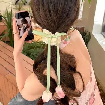 Подвеска в виде цветка тюльпана и камелии, галстук для волос, длинная лента, сетка, невыцветающая весенняя расцветка, большое кольцо для волос, аксессуары для волос B