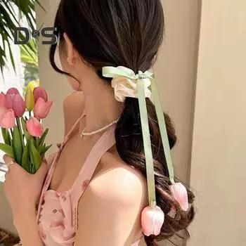 Подвеска в виде цветка тюльпана и камелии, галстук для волос, длинная лента, сетка, невыцветающая весенняя расцветка, большое кольцо для волос, аксессуары для волос A