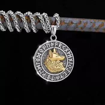 Подвеска в виде диска с головой волка викингов из нержавеющей стали 316L из скандинавской мифологии 43.7mm*40.8mm золотистый